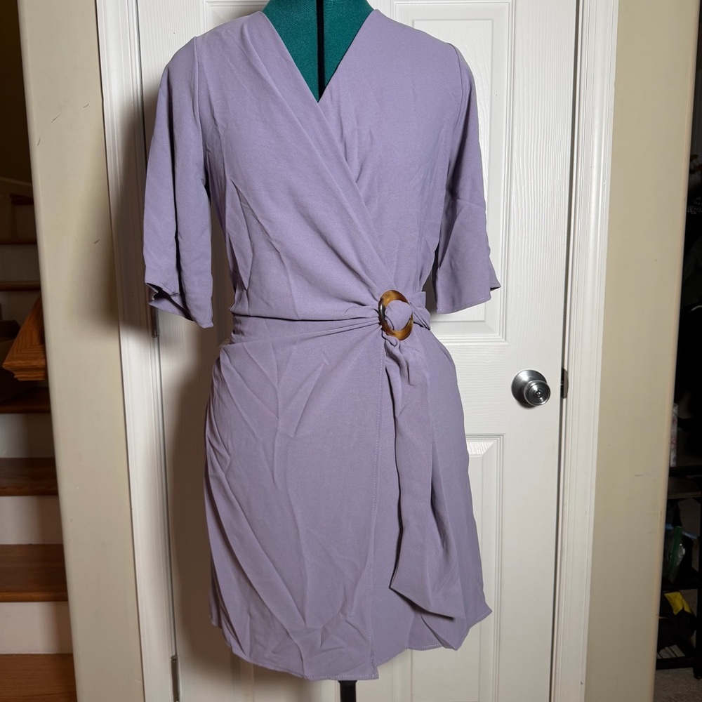 Lilac Purple Wrap Summer Spring Dress with Brown Ring Detail and Flowy Sleeves